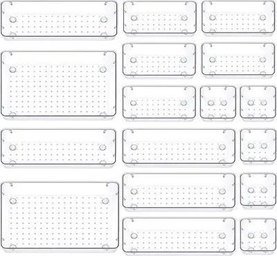 Image de Système de rangement pour tiroirs en 17 pièces, organiseur de tiroirs à 4 compartiments, en plastique transparent, pour bureau, bureau, commode, organiseur de cosmétiques pour maquillage, bijoux, chambre à coucher, salle de bains, bureau, cuisine