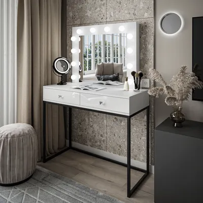 Produktbild von Schminktisch BLANCO LOFT mit Spiegel und Beleuchtung weiß Hochglanz mit schwarzem Gestell und Griffen