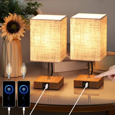 2er Set Tischlampen Touch Dimmbar Holz USB E14 Beige