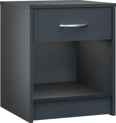A dark gray nightstand with one drawer and an open shelf.