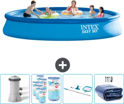 Produktbild von Intex runder aufblasbarer Easy Set-Schwimmpool – 457 x 84 cm – Blau – inklusive Pumpe Filter - Reinigungskit - Sonnensegel