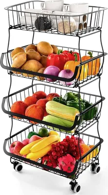 Produktbild von Famanu Obstkorb 4 Etagen - Stapelbare Metallaufbewahrungsbox mit Rollen