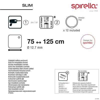 Zdjęcie produktu dla Teleskopowy drążek prysznicowy Spirella do zasłon prysznicowych, zakres regulacji drążka teleskopowego 125-220 cm, Ø12,7 cm, stal nierdzewna - do klejenia lub wiercenia - z pasującymi pierścieniami do zasłon prysznicowych