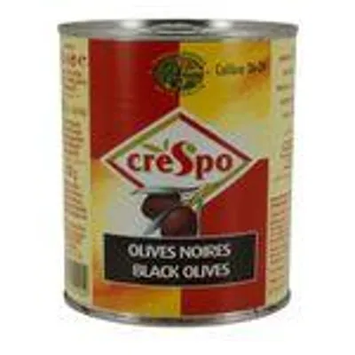 Oliven Crespo | schwarze ganze Oliven in Salzlake | Kaliber 26–29 | 850 ml Dose