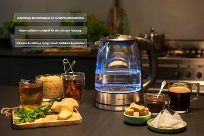 Produktbild von Wasserkocher mit 1.7 Liter Volumen | 2200 Watt | blaue LED Innenbeleuchtung | 360° Basis | SIEGER Preis/Leistung Haus & Garten Test