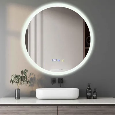 Image de Miroir de salle de bain rond AIORBER à LED avec éclairage, anti-buée, horloge tactile, intensité réglable, 3 couleurs de lumière, verre trempé, miroir mural 80 cm, argent et blanc
