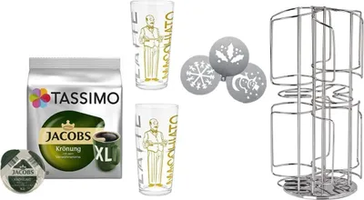 Produktbild von Tassimo Kapselspender für 48 T-Discs plus 1 Packung Krönung XL plus 2 Latte Gläser plus Schablonen Edelstahl