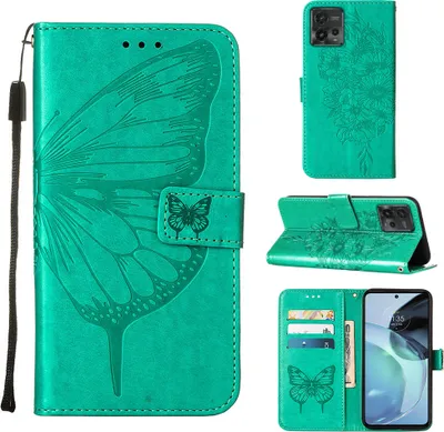 Produktbild von Lederhülle für Motorola Moto G72 Schmetterling Prägung Flip Ledertasche Kartenfächer Handyhülle mit Ständer Grün