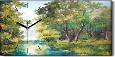 Produktbild von Küche Wohnzimmer Wand Leinwand Uhr 60x30 Ölgemälde Wald Wasser Bäume Himmel - schwarze Hände