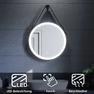 Produktbild von SONNI Gurtaufhängung Rund Badspiegel Ø 60 cm Berührungsschalter mit LED Beleuchtung mit Beschlagfrei-Funktion Kaltes weißes Licht Runder Spiegel