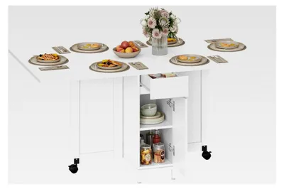 Produktbild von Esstisch, Klapptisch für 3-6 Personen mit Rollen, Schubladen und offenen Regalen, geeignet für kleine Räume, Weiß