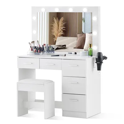 Image de CLIPOP Coiffeuse, set de 5 tiroirs table de maquillage avec support pour sèche-cheveux, lampe LED incluse