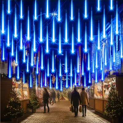 Produktbild von 2.4M Lichterkette Weihnachten Blau 8 Röhren LED Meteorschauer Lichterkette Regen Lichter für Weihnachtsbaum Party Hochzeit Garten Fenster Deko