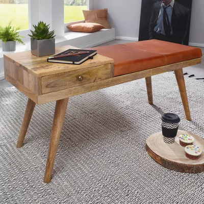 Obrázok produktu pre FineBuy čalúnená sedacia lavica 100 cm, masívne drevo, pravá koža, s zásuvkou – retro čalúnená lavica do predsiene – sedacia lavica do vstupnej haly