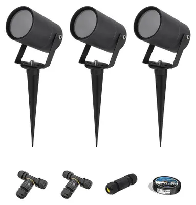 Image de HOFTRONIC - Set de 3 Spots à piquer Spikey LED GU10 IP65 Noir dimmables