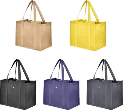 Image de Ensemble de 5 sacs de courses pliables Unyqoos® – grands, imperméables et lavables, avec une base large, dimensions 40,9 x 25,9 x 33 cm, anse de 29 cm, capacité équivalente à 3 sacs en plastique