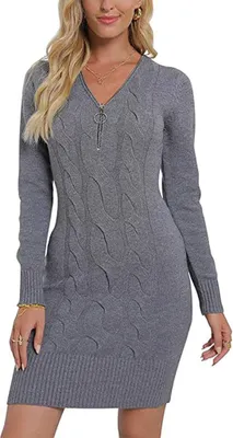 Produktbild von ASKSA Damen Pullover Strickkleider Reißverschluss Tunika Kleid Tops, Dunkelgrau, M