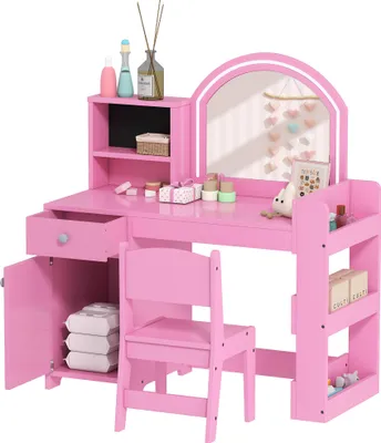 Image de AIYAPLAY Coiffeuse pour enfants avec tabouret et miroir LED, coiffeuse fille en bois avec tiroir, placard, 2 compartiments ouverts et 3 étagères, table de maquillage pour 3 à 8 ans, rose