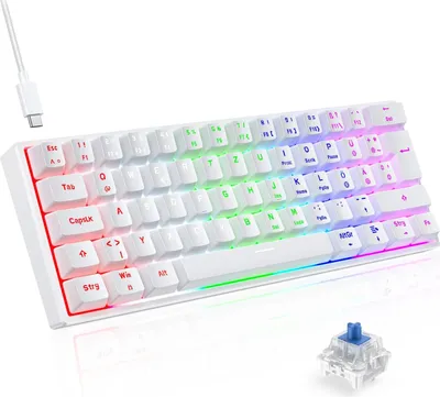 Produktbild von Gaming Tastatur, Mechanische Tastatur 60% TKL QWERTZ Blaue Schalter, Gamer Tastatur Kabelgebunden 61 Tasten für PC Windows/PS5/PS4, Weiß