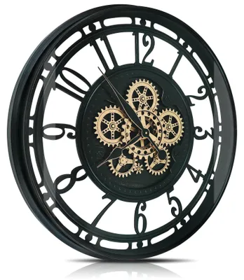 Wandklok mit bewegenden Zahnrädern, 70 cm, Steampunk, schwarz-gold