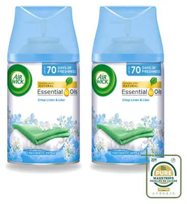 Obrázek produktu pro 2 kusy náplně do osvěžovače vzduchu Air Wick Freshmatic – vůně "Čerstvé prádlo a šeřík" – 250 ml – balení