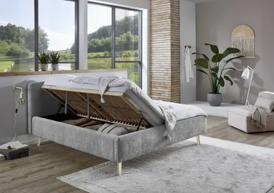 Produktbild von Meise Möbel Stauraumbett Mattis 180x200 cm | Doppelbett | Bettkasten & Lattenrost (Federholzrahmen) | Strukturstoff Grau | Holzfuß sandfarbig