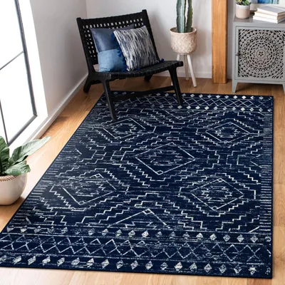 Produktbild von Waschbarer Teppich blau rutschfest, geometrisch, für Schlafzimmer