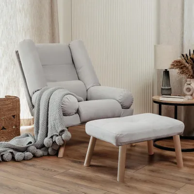 Productafbeelding van Verstelbare fauteuil Mari met bijpassende voetenbank Trinity 32, zilvergrijs, fluweel, relaxfauteuil