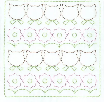 Immagine prodotto di Confezione da ricamo Olympus Sashiko "Hana Fukin Pop Designs Cats and Flowers", tessuto stampato, 34x34cm, originale dal Giappone