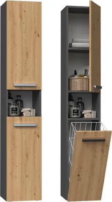 Produktbild von Adgo Badezimmer Hochschrank NEL III, Anthrazit/Artisan, 31x30x174 cm, mit Wäschekorb, 2 Türen & 1 Einlegeboden, ideal für kleine Bäder & vielseitig einsetzbar