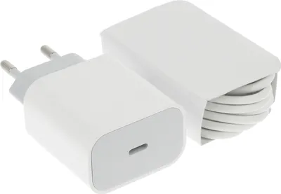 A white USB-C charger and a coiled white USB-C cable are shown on a white background.