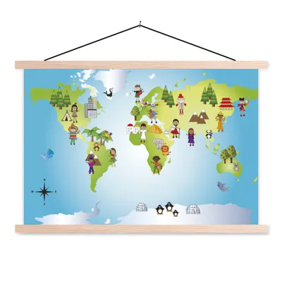 Produktbild von MuchoWow® Textilposter Weltkarte - Kinder - Natur - Illustration - Jungen - Mädchen 60x40 cm mit holzfarbenen Rahmen - Bilder