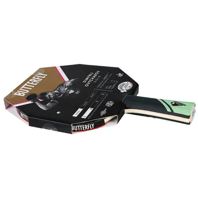 A table tennis racket in its packaging, displayed diagonally against a white background.