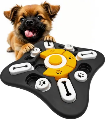 A puppy is playing with a dog puzzle toy.