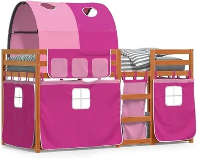 Produktbild von Famanu Hochbett mit Vorhängen - Kinderbett für Spiel und Schlaf - 90 x 200 cm - Rosa