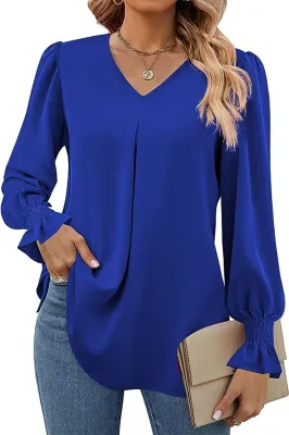Produktbild von ASKSA Damen Bluse V-Ausschnitt Chiffon Plissee Laternenaermel Langarm Elegant Einfarbig Casual Locker Oberteile (Blau,XXL)