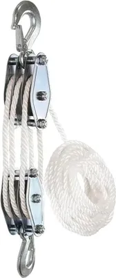 A pulley system with a rope, isolated on a white background.