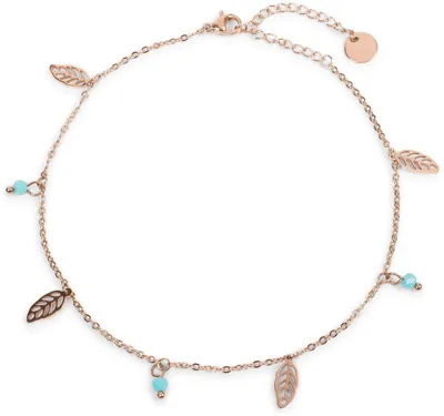 Produktbild von styleBREAKER Damen Fußkettchen mit Blatt Anhängern und Perlen, Ankerkette, Karabiner Verschluss, Kette, Schmuck 05080007