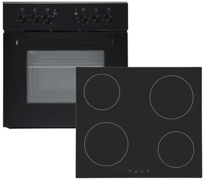A black built-in oven is shown next to a black ceramic glass cooktop.