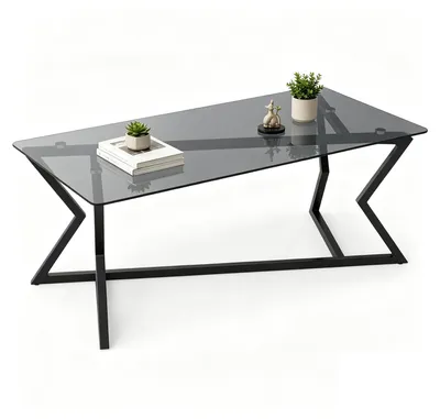 Produktbild von KOMFOTTEU Couchtisch aus Glas, rechteckiger Wohnzimmertisch mit geometrischem Metallgestell & verstellbare Füße, moderner Sofatisch für Büro, Schlafzimmer, Traglast 50 kg, 110 x 55 x 44,5 cm
