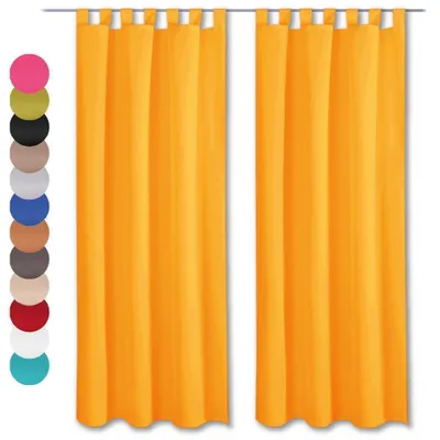 Two orange curtains hanging from a rod, with a swatch of different colored fabric samples on the left.