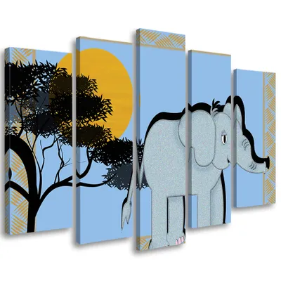 Produktbild von 5-teiliges leinwandbild elefant 150x100 cm Feeby grau wandbild bereit zum aufhängen