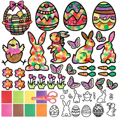 Immagine prodotto di Set per creare decorazioni per finestre a tema pasquale, composto da 29 pezzi: uova di Pasqua, coniglietti, fiori e altri elementi decorativi primaverili