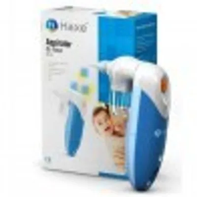A product shot of a baby nasal aspirator and its packaging.