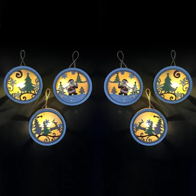 Produktbild von 6er Set LED Weihnachten Holz Deko Ø 12 cm Hängedeko Weihnachtsdeko Weihnachtsmotive Holzanhänger Holzdeko