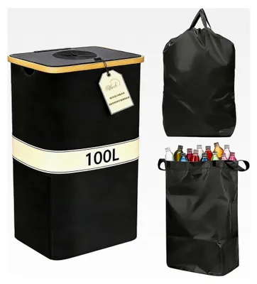 Produktbild von 100L Sammelbehälter für Leergut mit Deckel, Aufbewahrung für Pfandflaschen in der Küche, faltbarer Flaschensammler mit waschbarem Innenbeutel, Schwarz