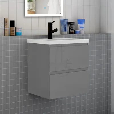 Produktbild von Badmöbel Set HUTI-Serie 60cm Dickes Keramik Waschbecken mit Unterschrank Badezimmermöbel mit 2 Schubladen Hochglanz Dunkelgrau Hängeschrank