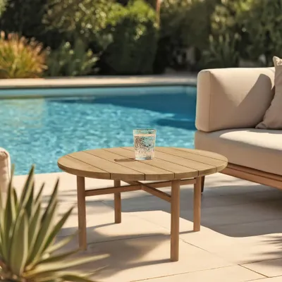 Produktbild von KALLY – Runder Couchtisch für den Garten aus recyceltem, natürlichem Teakholz, Durchmesser 80 cm