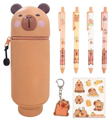 Produktbild von 2-in-1 Silikon-Federmäppchen mit 4 Stiften, Capybara-Design, praktisch, niedlich, Schulbedarf