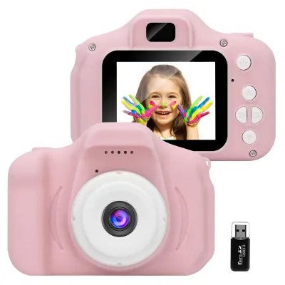 Produktbild von X2 Mini Kinder Kamera 2 Zoll HD Farbdisplay Wiederaufladbare Mini Digitalkamera Videokamera Schoene Kamera mit 32 GB Speicherkarte Pink